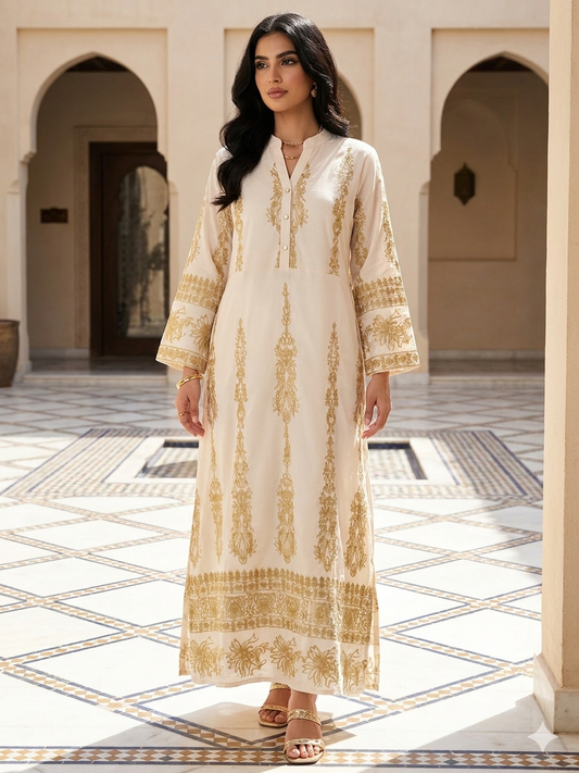 Elegant Gold Embroidered Ivory Maxi Tunic