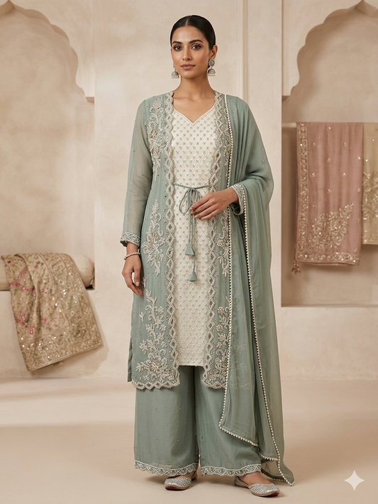 Sage Green & Ivory Embroidered Jacket Style Palazzo Suit