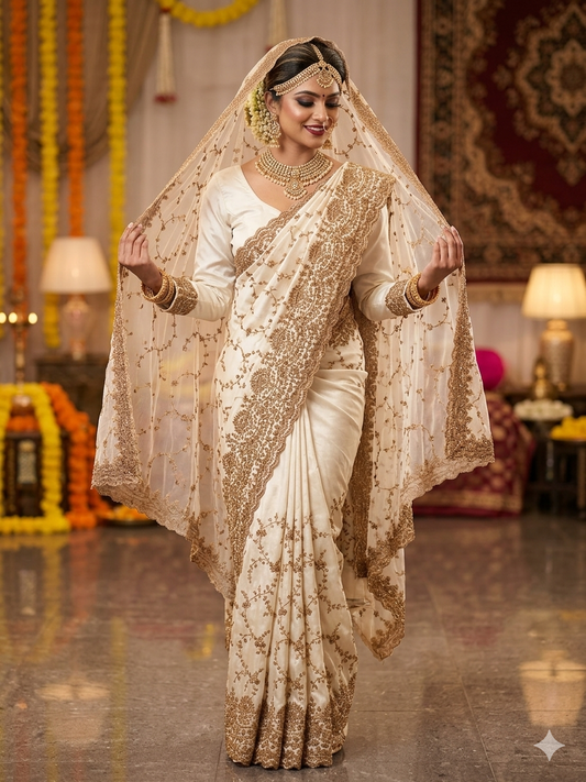 Elegant Off-White Embroidered Saree with Matching Full-Sleeve Blouse and Net Dupatta