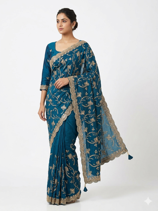 Elegant Teal Blue saree with full sleeve blouse.