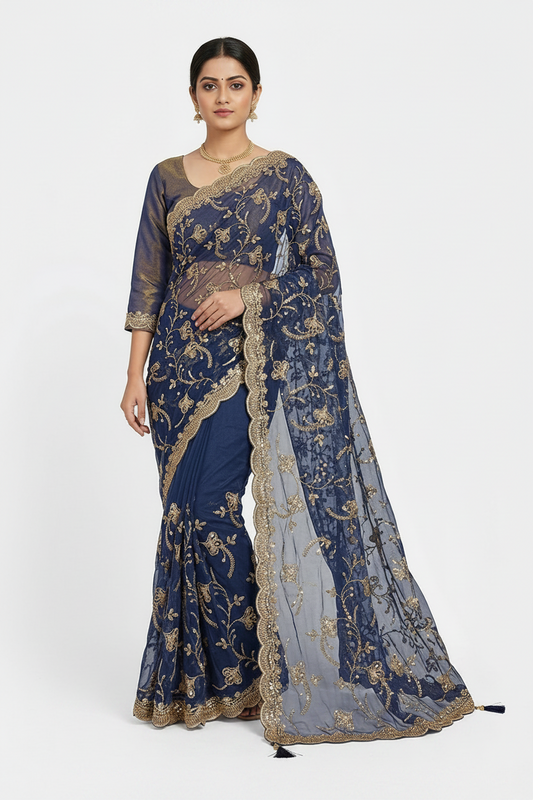 Dark grey sequence saree with full sleeve blouse
