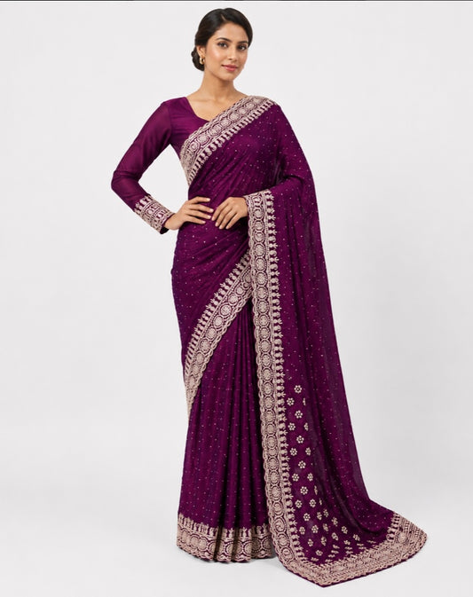 Wine Red & Silver Scalloped Saree