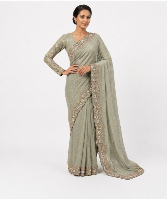 Elegant creamy sage saree