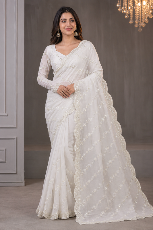 Viral Elegant White Embroidered Saree with Designer Full Sleeve Blouse