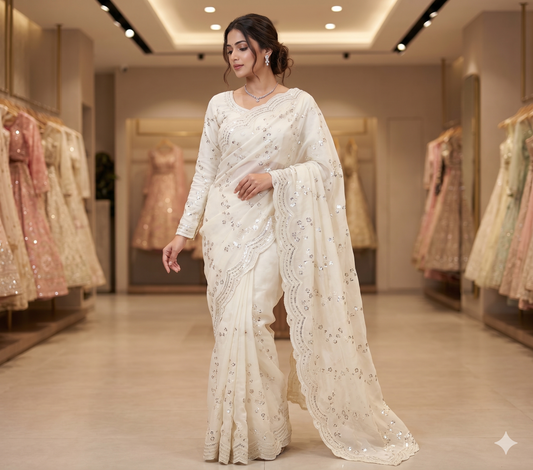 VIRAL SAREE - Ivory Saree with Sequined Floral Embroidery & Full-Sleeve Blouse Set
