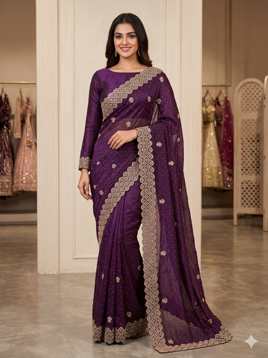 Deep Purple Shimmer Saree with Full-Sleeve Blouse