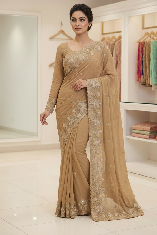 Beige Gold Embroidered Georgette Saree with Matching Full-Sleeve Blouse Set