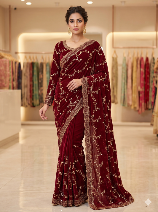 VIRAL SAREE - Deep Maroon Embroidered Saree with Full-Sleeve Blouse