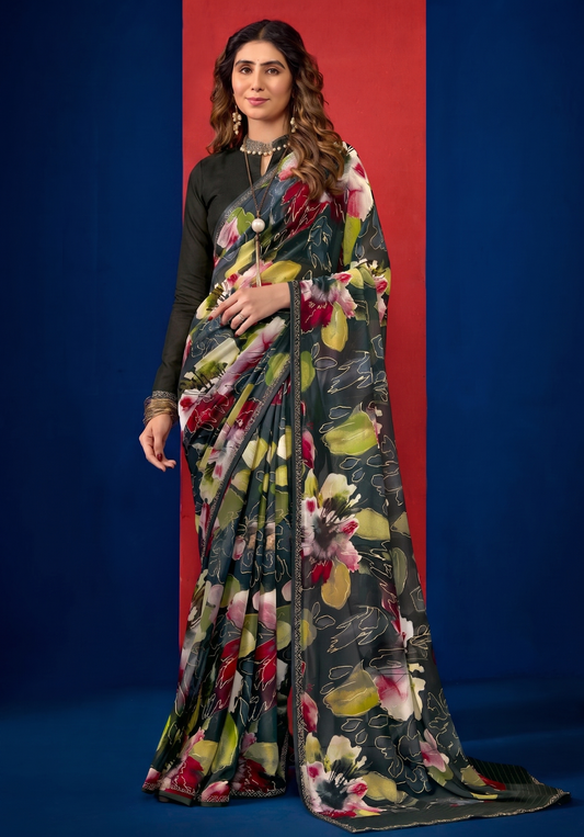 RUMI Floral Print Saree with Full-Sleeve Blouse, the blouse is normal round neck.