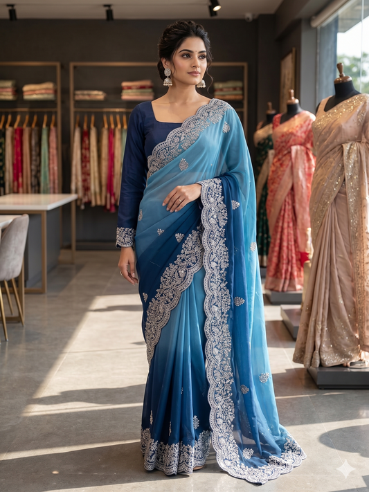 Sky & Ocean Blue Ombré Embroidered Saree with Full-Sleeve Blouse