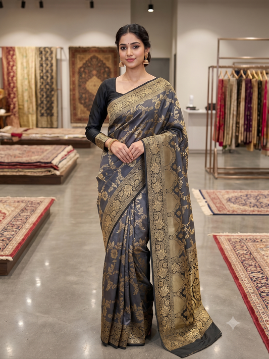 Elegant Charcoal Grey Soft Katan Saree with Full-Sleeve Blouse