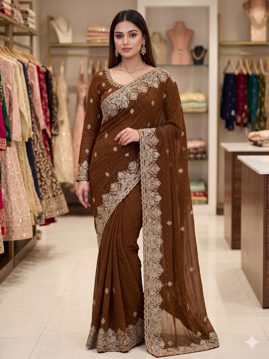 Chocolate Brown Embroidered Georgette Saree with Matching Full-Sleeve Blouse Set