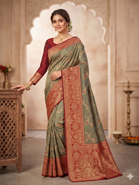 Banarasi Olive Green Silk Saree with Full-Sleeve Blouse