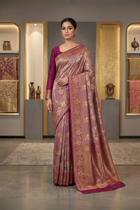 Premium Mauve & Magenta Soft Katan Saree with Full-Sleeve Blouse