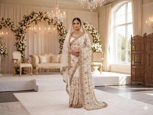 Bridal Ivory crape silk Saree with Gold Floral Zari. Scarf is available separately.