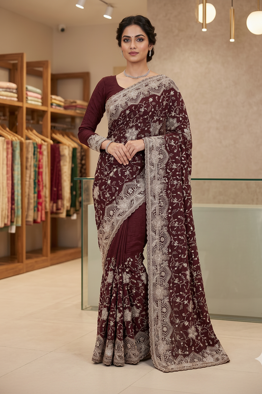 Deep Maroon & Antique Gold Embroidered Saree with Full-Sleeve Blouse