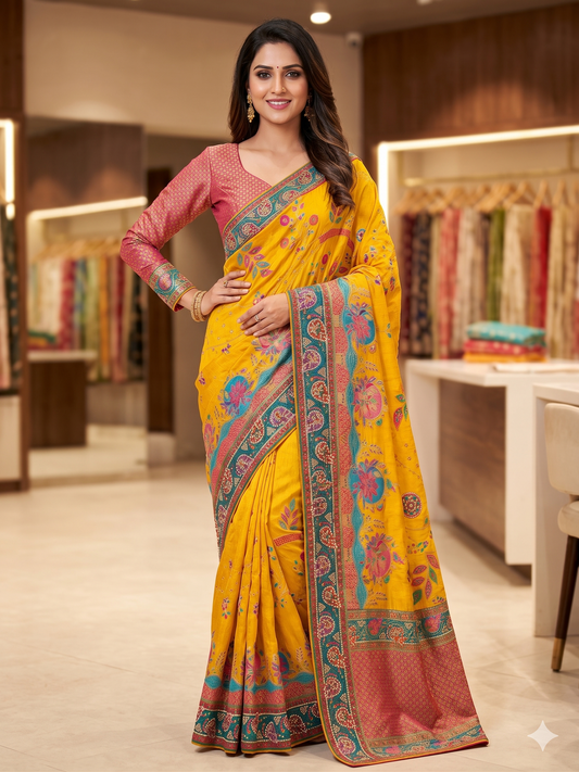 Bright Mustard Yellow Saree with Intricate Floral Border & Full-Sleeve Blouse
