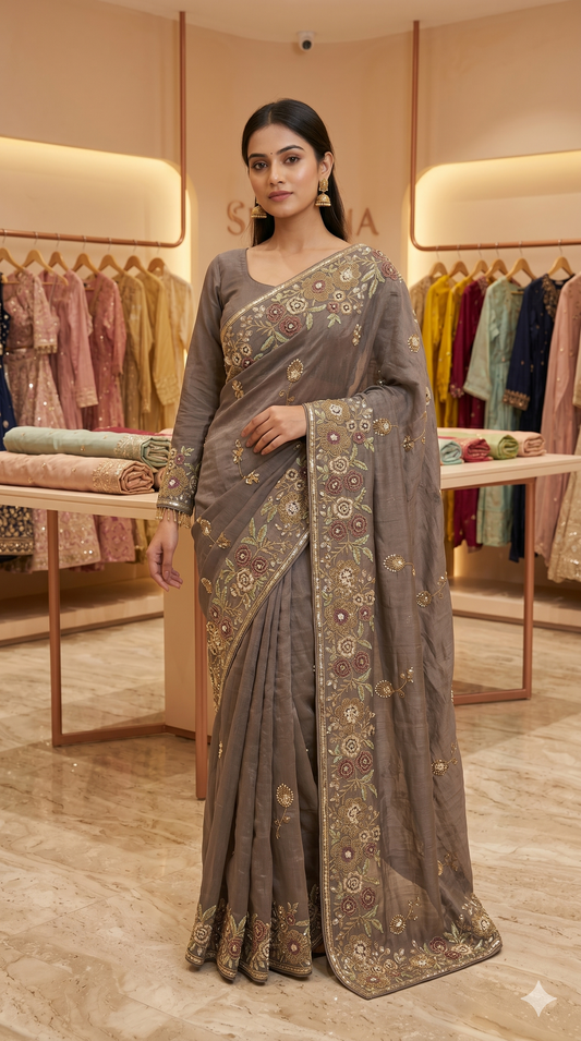 Earthy Taupe crape silk Saree with Hand-Embroidered Floral Borders & Full-Sleeve Blouse