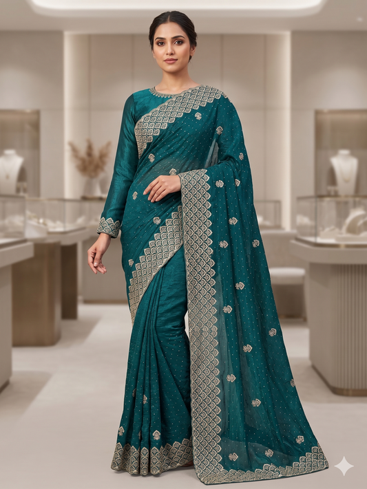 Teal Shimmer Saree with Full-Sleeve Blouse