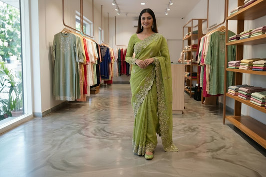 Olive Moss Georgette Saree with Full-Sleeve Blouse