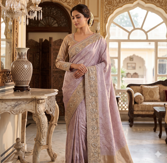 Golden Aura Pure Jacquard Saree with Embroidered Full-Sleeve Blouse