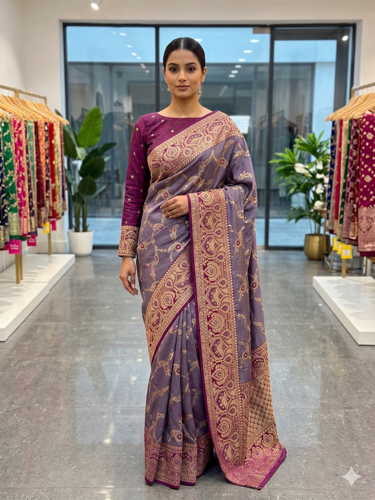 Plum Purple Silk Saree with Full-Sleeve Embroidered Blouse