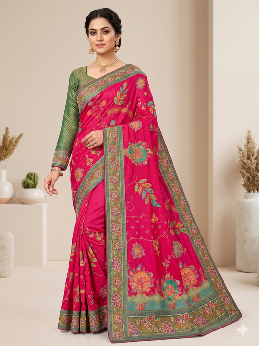 Vibrant Magenta Saree with Intricate Floral Embroidery and Matching Brocade Blouse