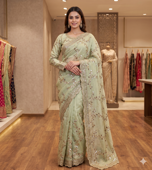 VIRAL SAREE - Elegant Pastel Mint Green Saree with Sequin Floral Embroidery And Full Sleeve Blouse