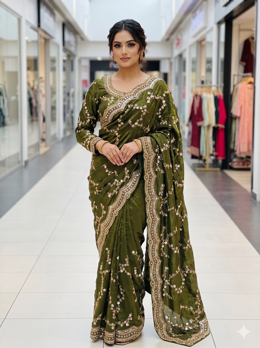 The Viral Olive Green Saree Set with Full-Sleeve Embroidered Blouse