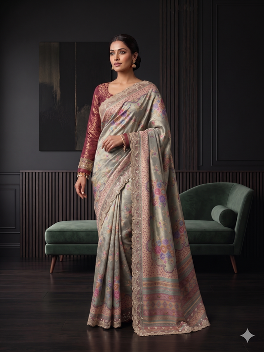 Mint Grey Floral Silk Saree Comes with Full Sleeve Maroon Banarasi Brocade Blouse