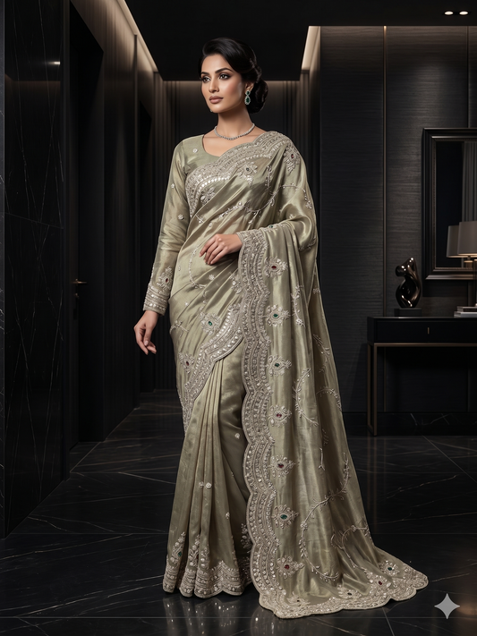 Royal Antique Olive Embroidered Viscose Saree comes with Full Sleeve Heavily Embellished Blouse