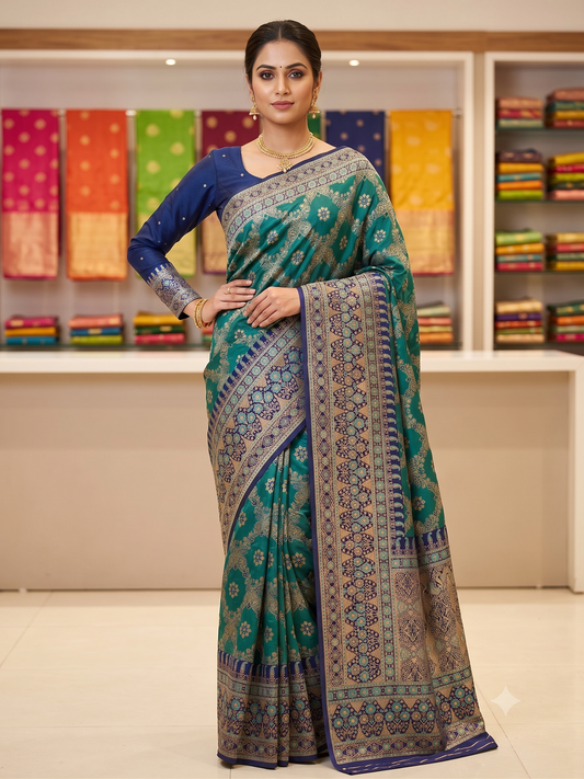 Teal & Royal Blue Banarasi Silk Saree with Full-Sleeve Zari Blouse