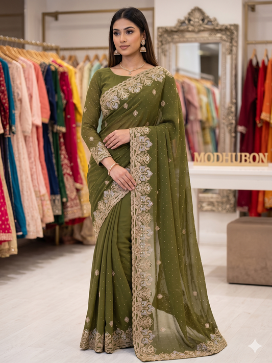 Olive Green Embroidered Georgette Saree with Matching Full-Sleeve Blouse Set