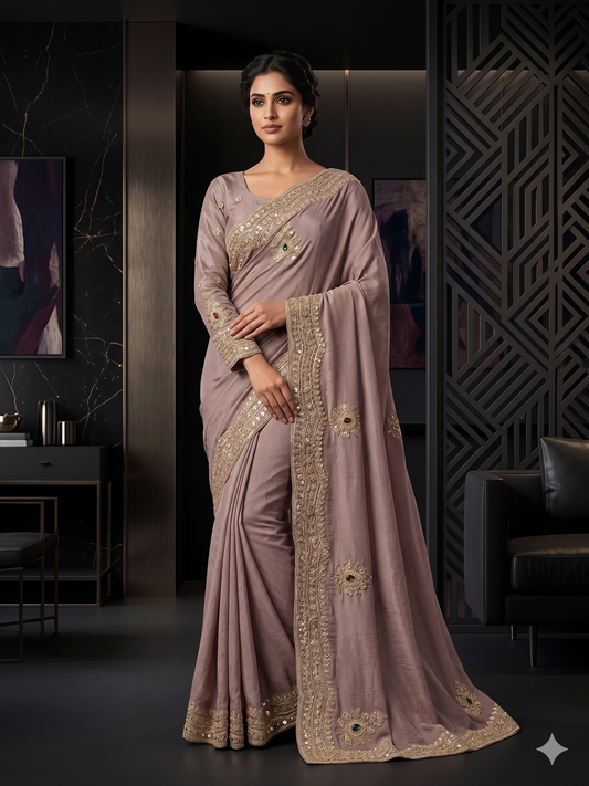 Antique Mauve Embroidered Viscose Saree comes with Full Sleeve Heavily Embellished Blouse