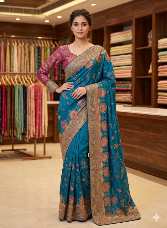 Peacock Blue Silk Saree with Full Sleeve Banarasi Brocade Blouse