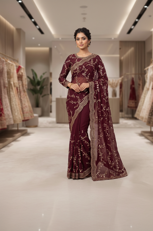 VIRAL SAREE - Deep Wine Saree with Floral Sequin Embroidery with Elegant Full-Sleeve Blouse