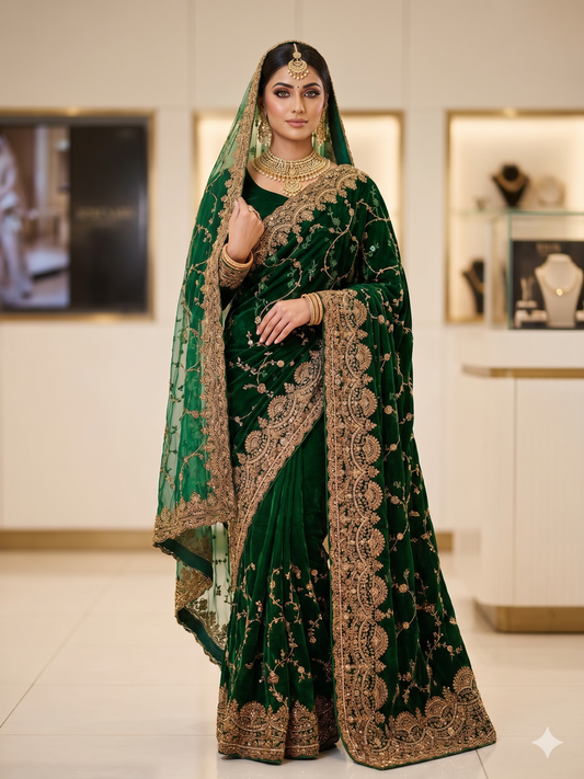 Party wear Emerald Green Embroidered Saree Set with Matching Net Scarf