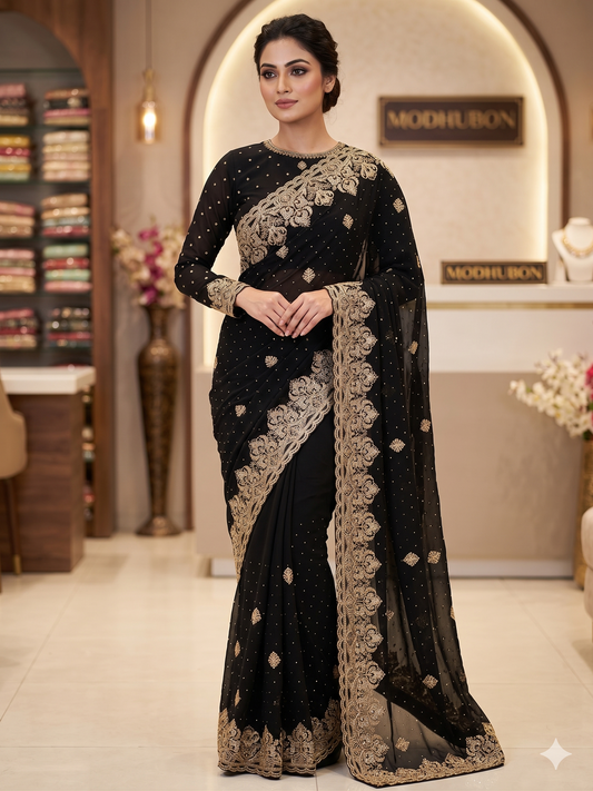 Classic Black Embroidered Georgette Saree with Matching Full-Sleeve Blouse Set
