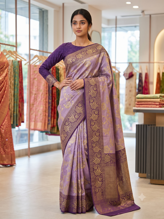 Elegant Mauve Soft Katan Saree with Full-Sleeve Blouse