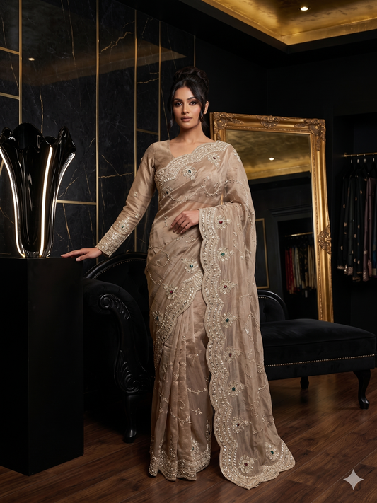 Royal Taupe Embroidered Viscose Saree comes with Full Sleeve Heavily Embellished Blouse