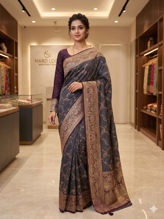 Banarasi Elegant Slate Grey & Deep Wine Silk Blend Saree with Full-Sleeve Blouse