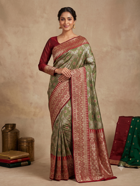 Sage Green & Crimson Banarasi Silk Saree with Full-Sleeve Embroidered Blouse
