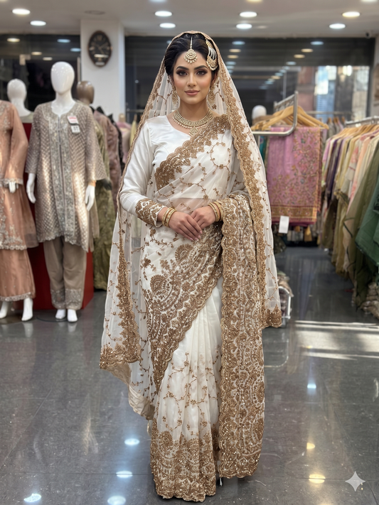 Party wear Ivory & Antique Gold Embroidered Saree with Full Sleeve Blouse and Net Scarf