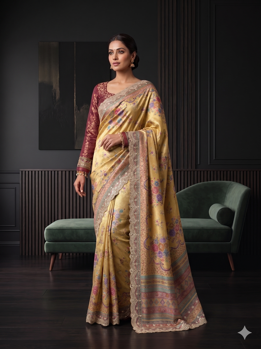 Golden Straw Floral Silk Saree Comes with Full Sleeve Maroon Banarasi Brocade Blouse