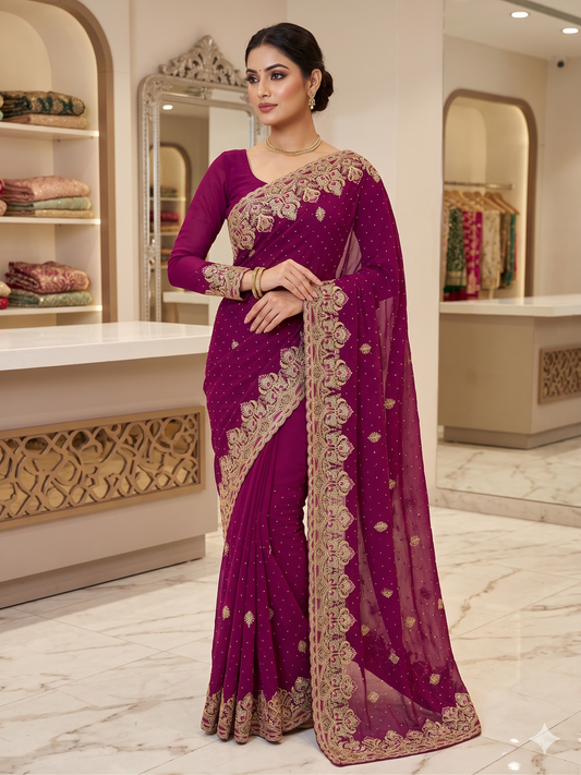 Magenta Purple Embroidered Georgette Saree with Matching Full-Sleeve Blouse Set