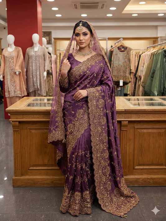 Party wear Deep Plum Silk-Blend Saree Set with Embroidered Full-Sleeve Blouse and Net Scarf