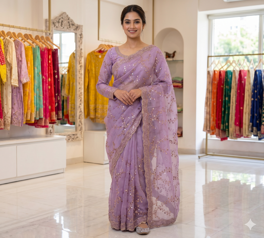 VIRAL SAREE - Lavish Lavender Saree with Sequin Floral Embroidery & Full-Sleeve Blouse Set