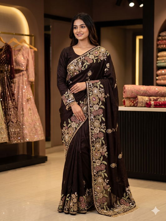 Midnight Brown crape silk Saree with Floral Embroidery & Full-Sleeve Blouse