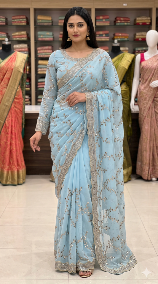 VIRAL SAREE - Sky Blue Saree with Sequin & Floral Embroidery With Full Sleeve blouse