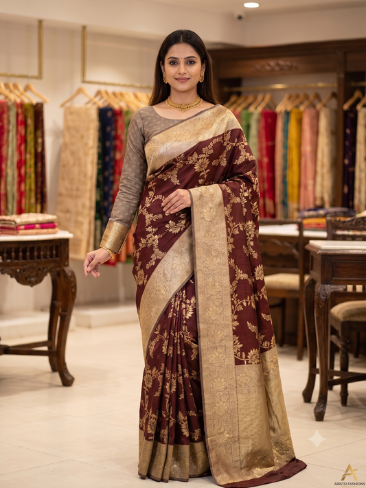 Deep Maroon Floral Soft Katan Saree with Elegant Full-Sleeve Blouse